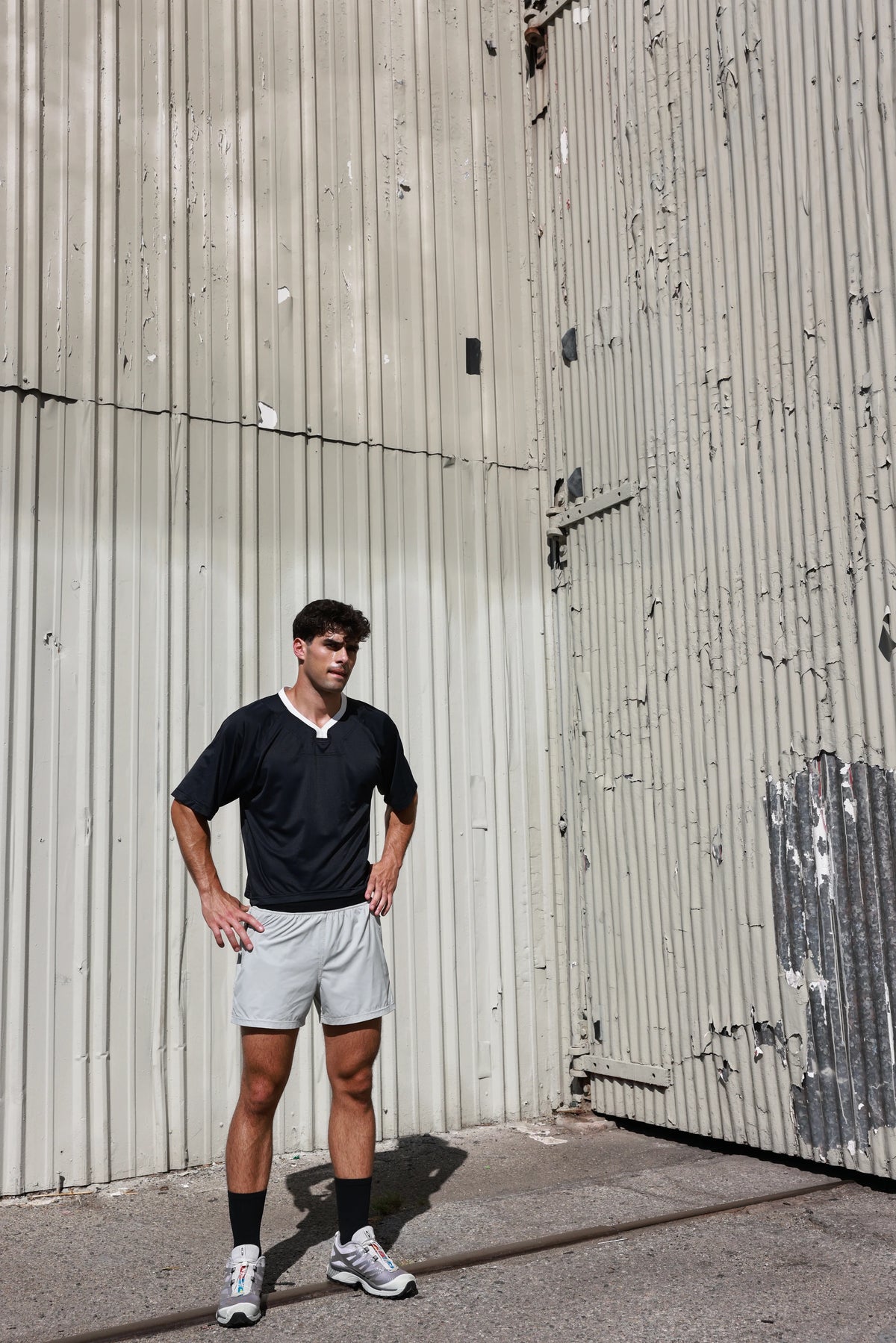 PODIO Midnight Boxy Semi-Cropped Training Tee outdoors, full look
