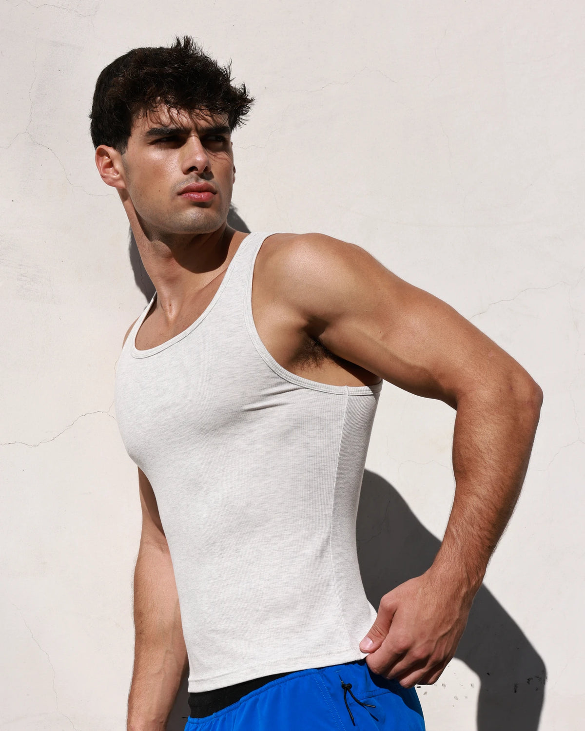 PODIO Volt 3-Pack Tanks — sage heather ribbed muscle tank on model